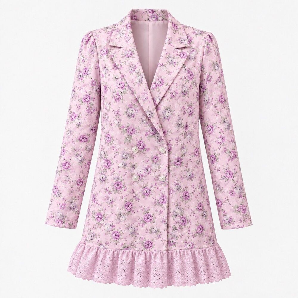 TCEC Purple Floral Blazer Mini Dress L Rhinestone Heart Buttons Eyelet Hem⁠ Y2K